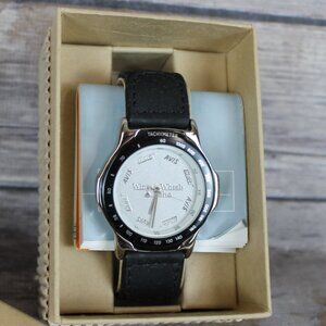 Delta Airlines Service Europa Men Watch Black Leather Band Tachymeter New in Box